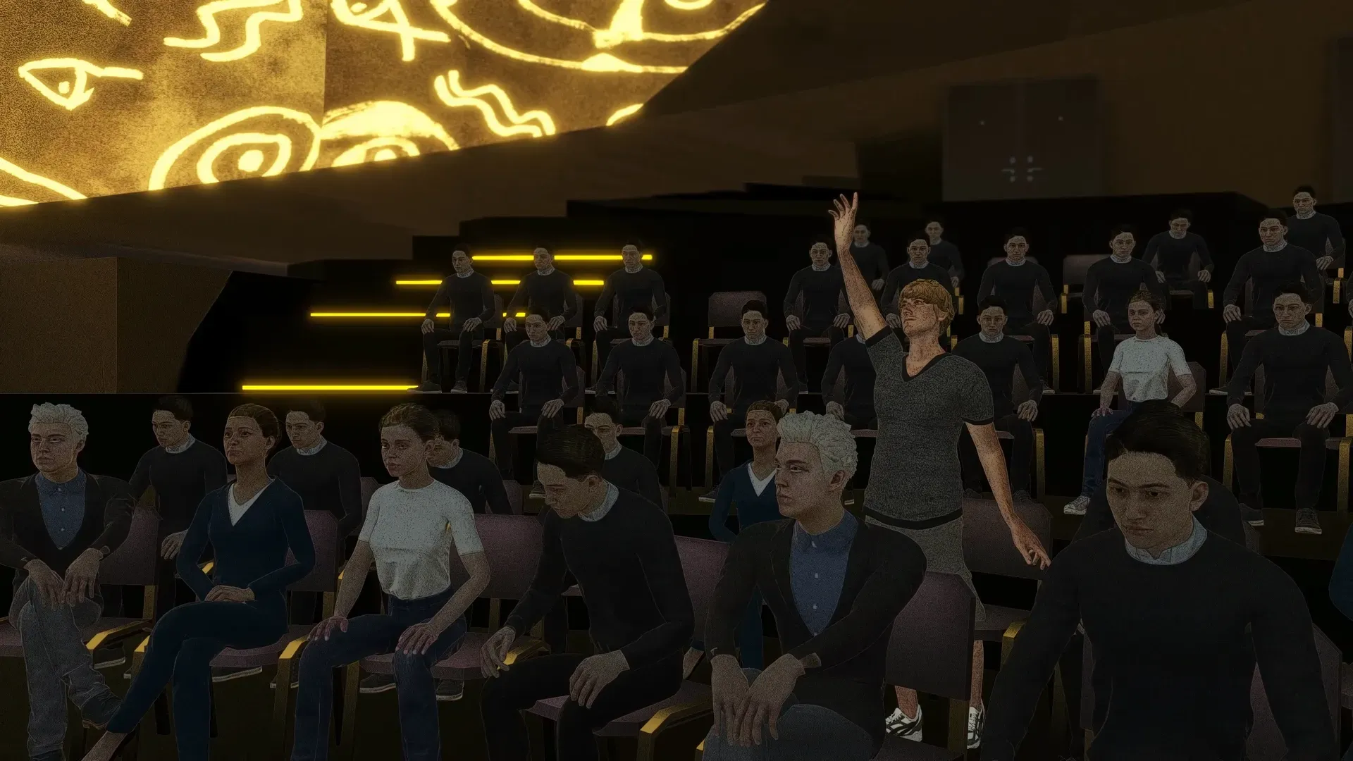 A reporter in the audience raising a hand to ask a question at the press conference