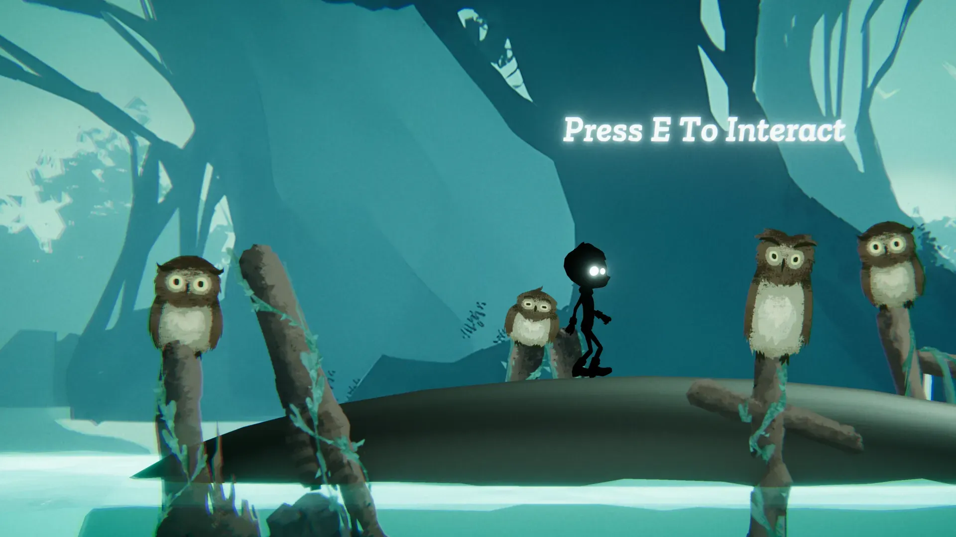 The protagonist standing on the whale's back among owls, with a Press E To Interact prompt