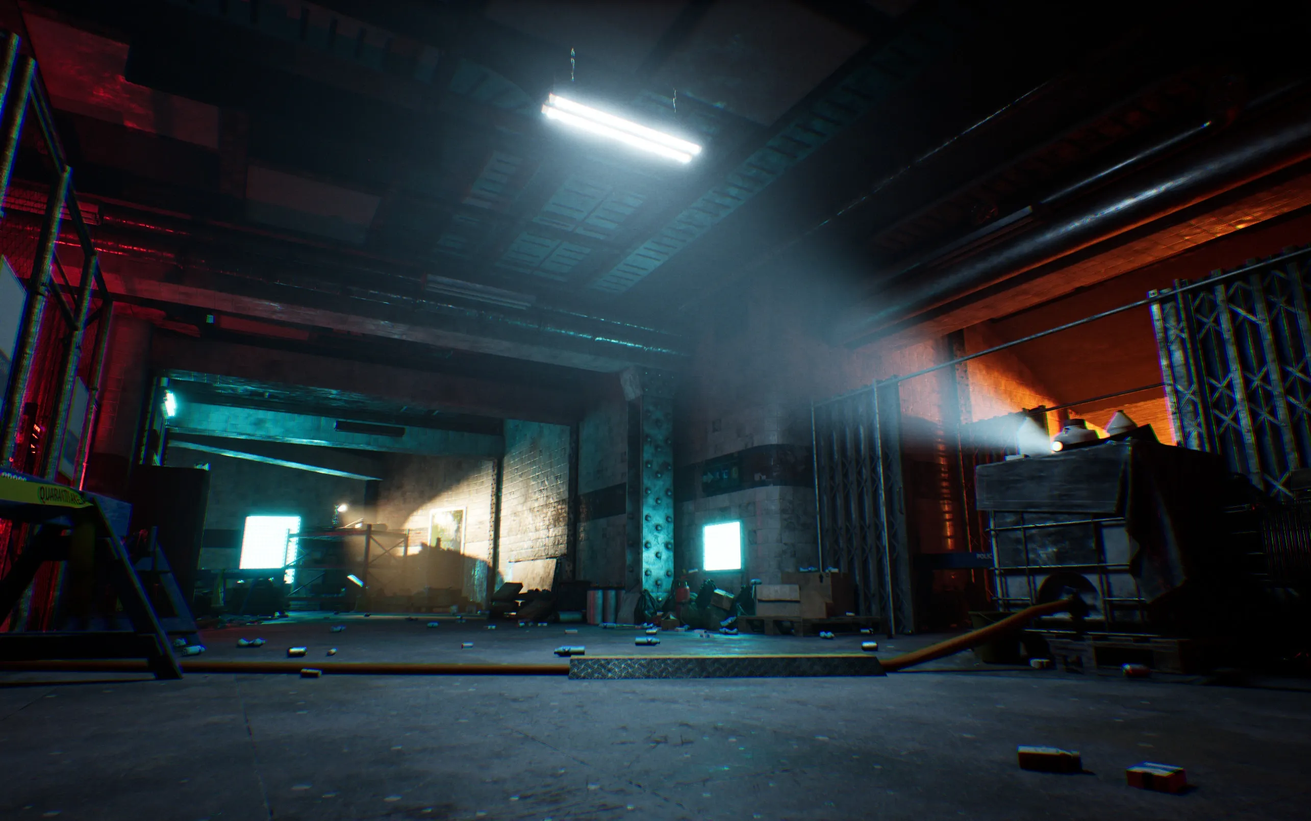 The same hall with baked lighting, adding a visible light beam beneath the fluorescent tube