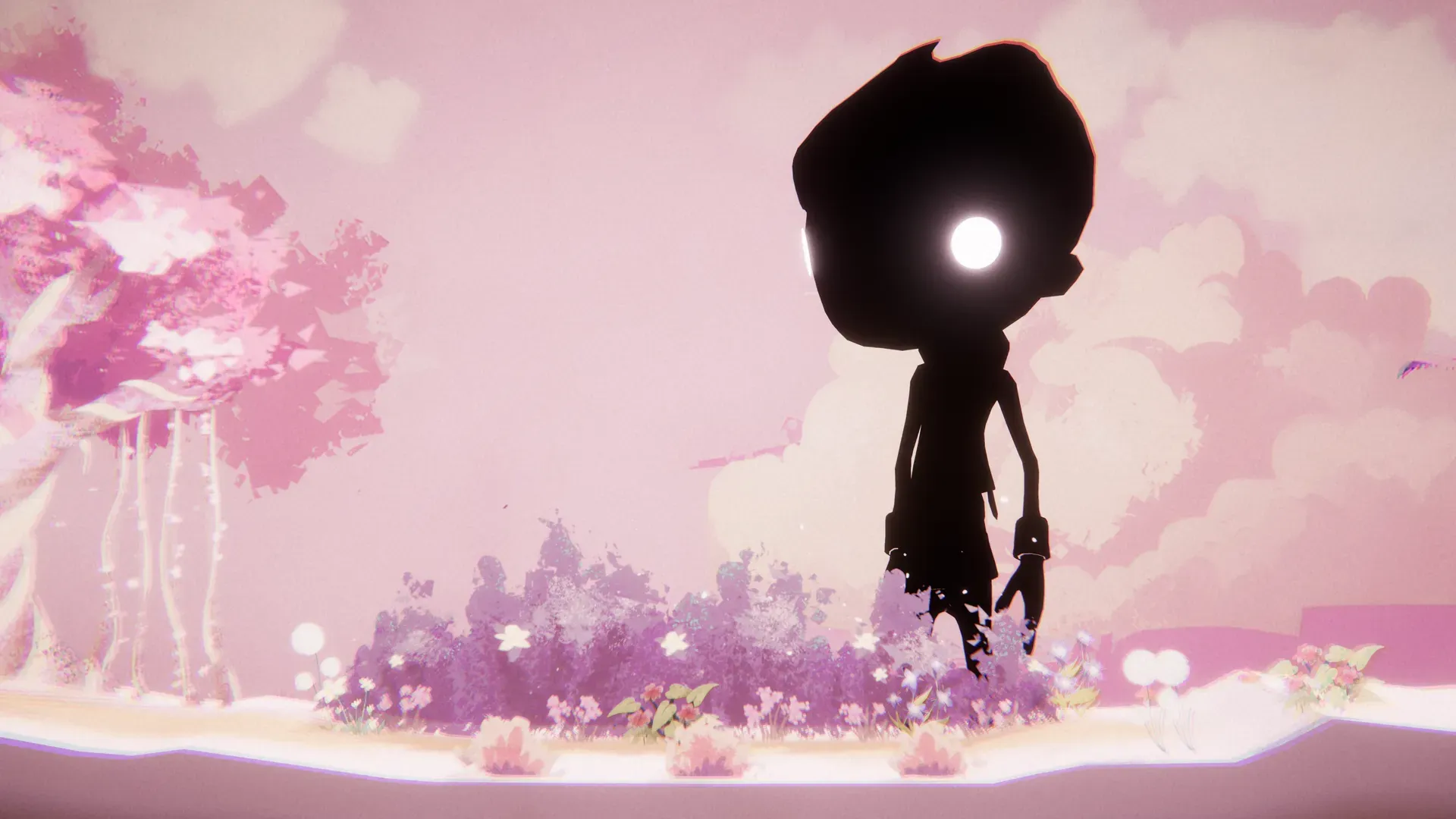 Close view of the protagonist silhouette with a glowing eye against pink clouds and flowers