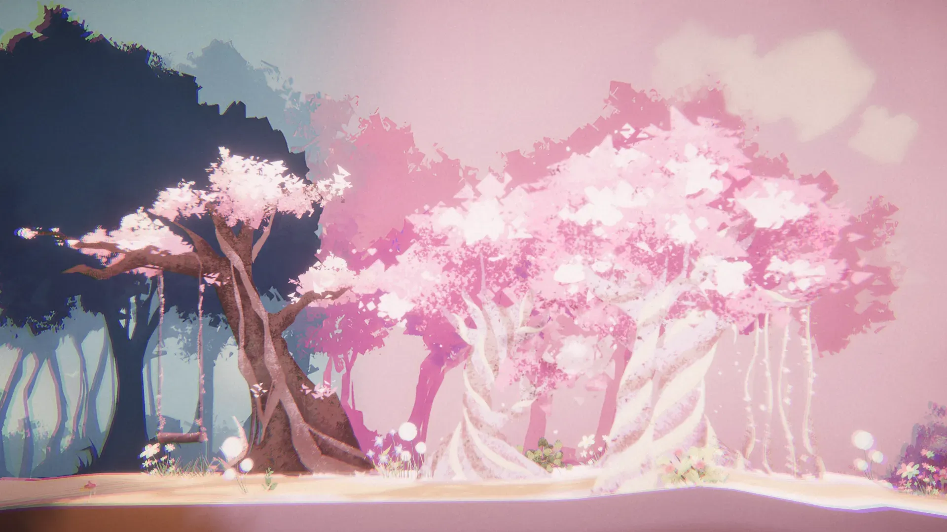 Blossoming pink trees in a dreamlike pastel landscape under a pink sky