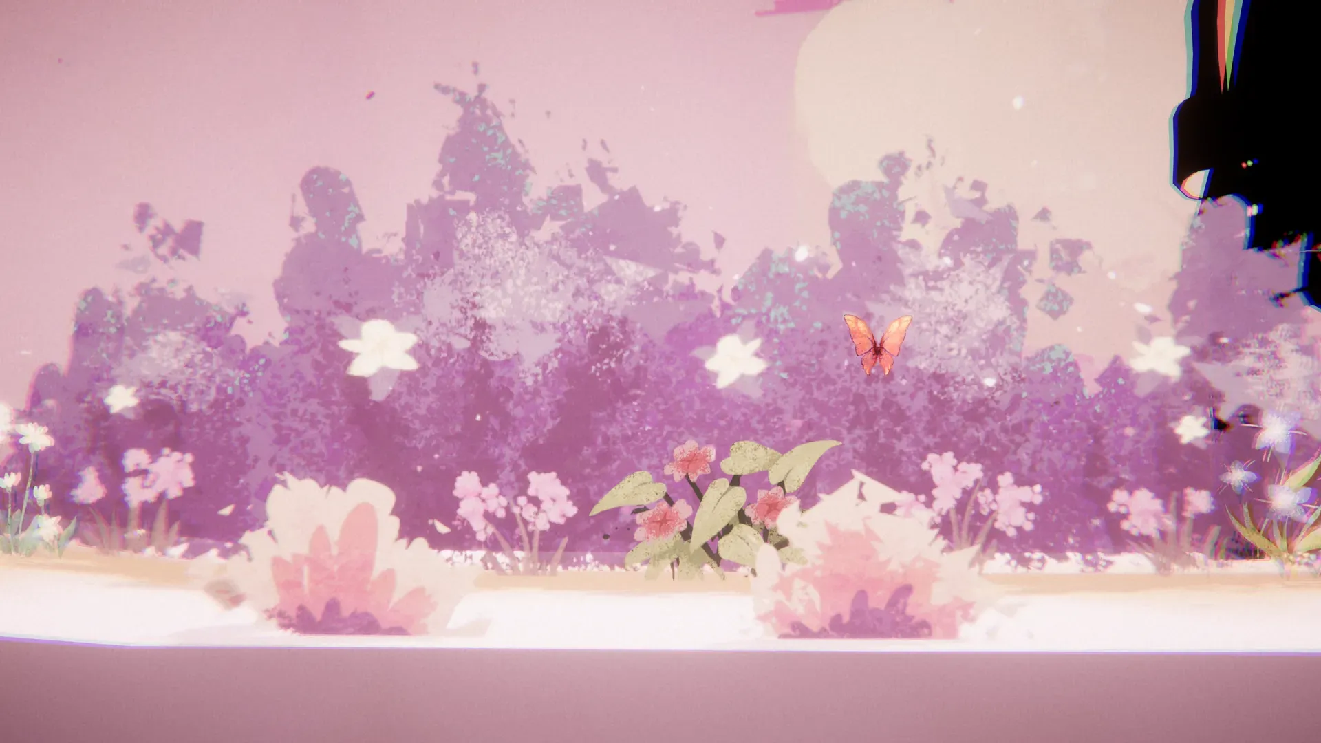 A red butterfly hovering above pink and white flowers in a purple meadow