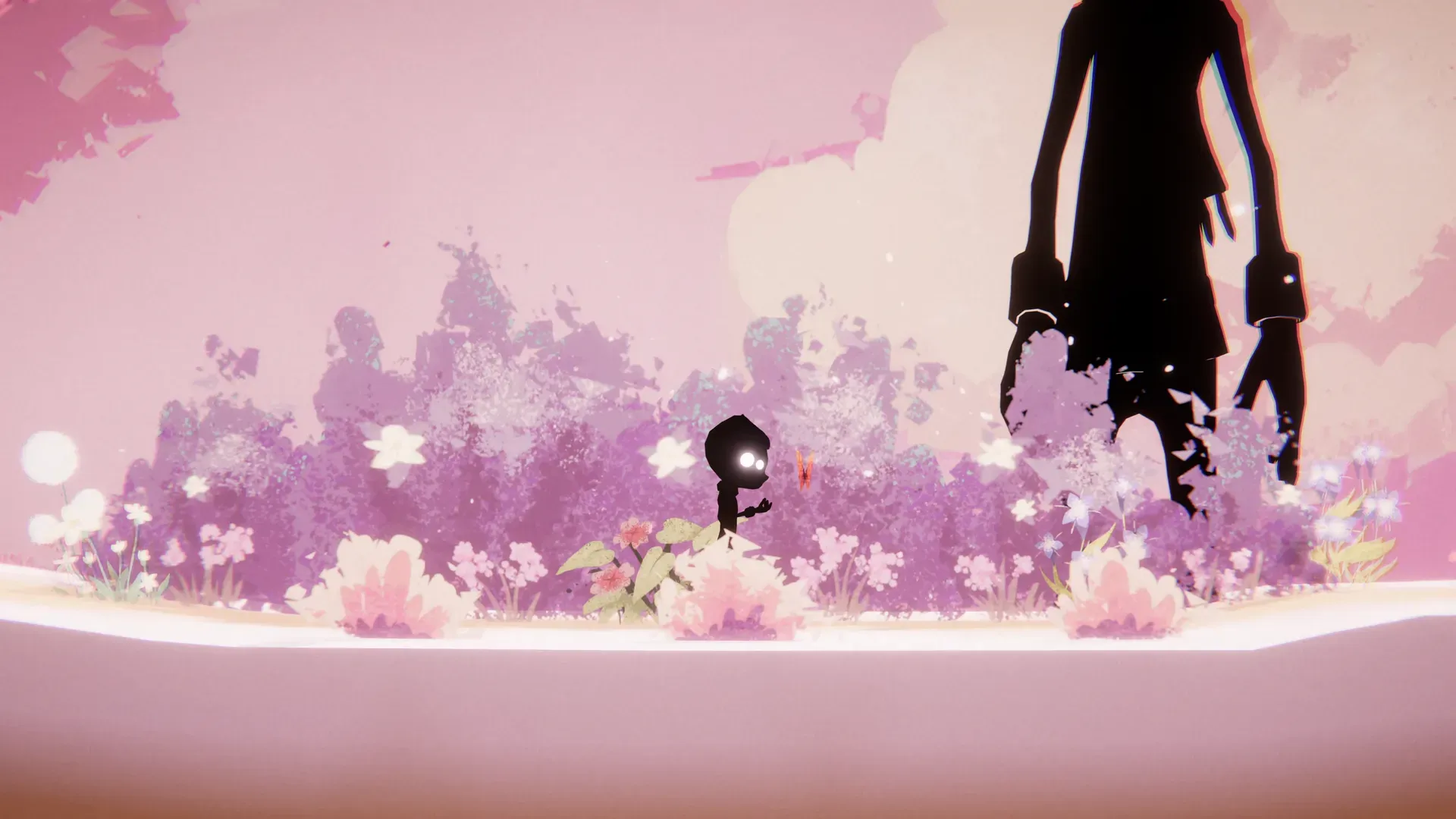 The small protagonist silhouette in the pink meadow beside a towering giant silhouette