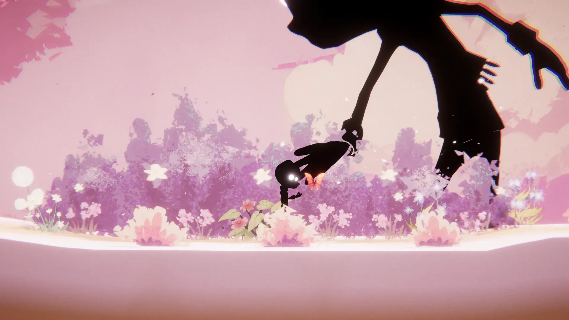 The giant silhouette reaching a hand down toward the small protagonist and the red butterfly