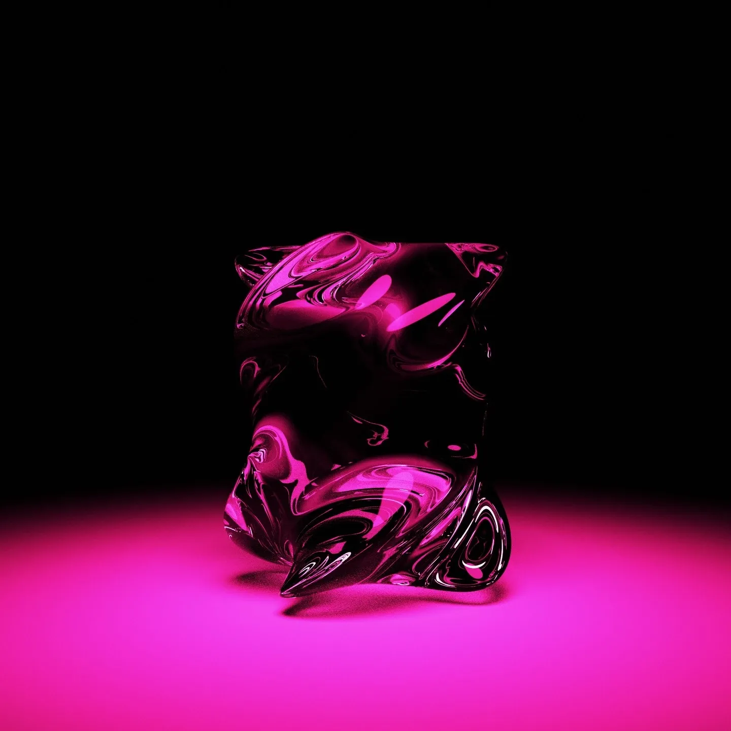 Twisted magenta glass cylinder standing on a glowing pink floor in the dark