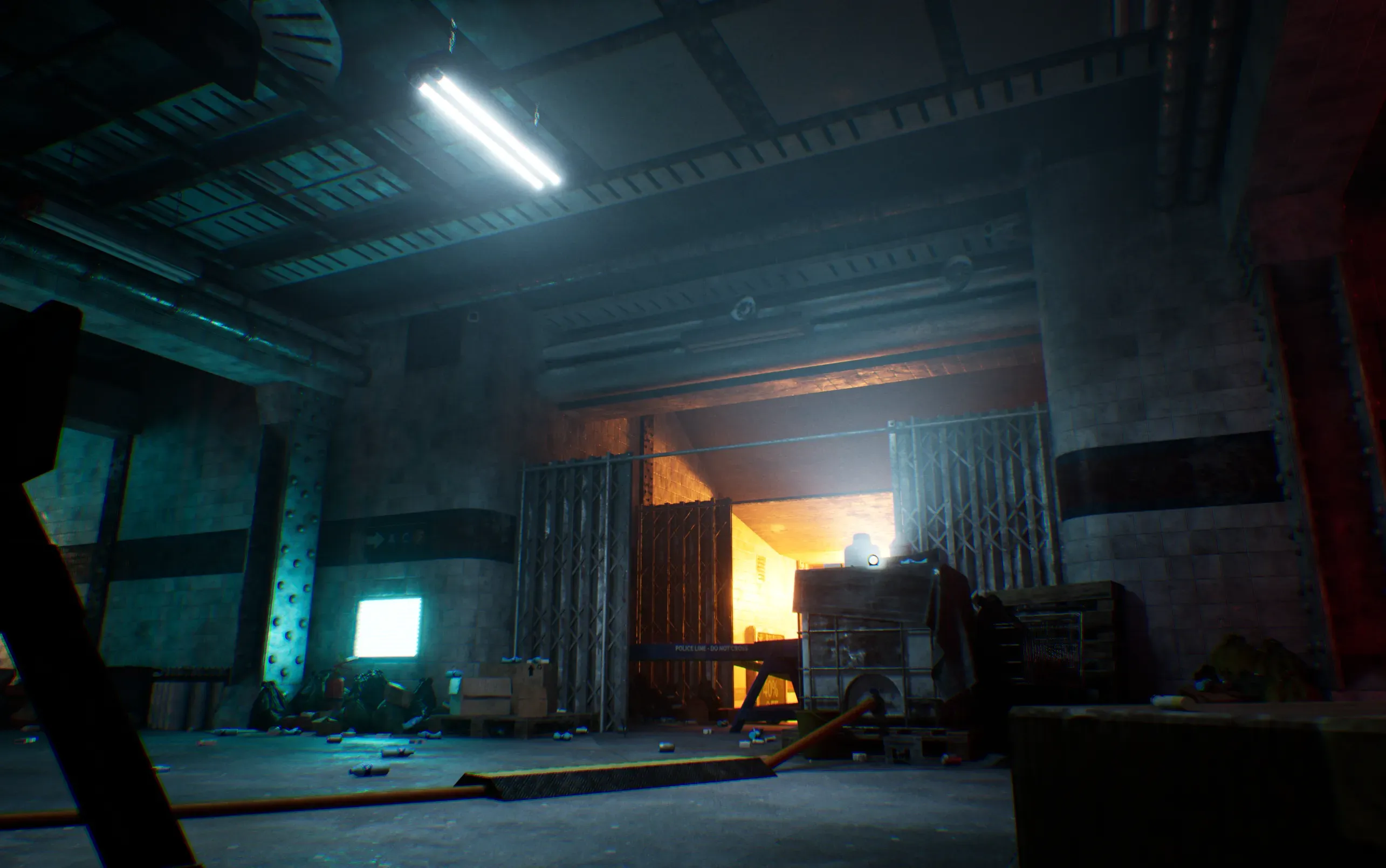Dark blue-lit hall with a bright fluorescent tube overhead and an orange-lit doorway in the distance