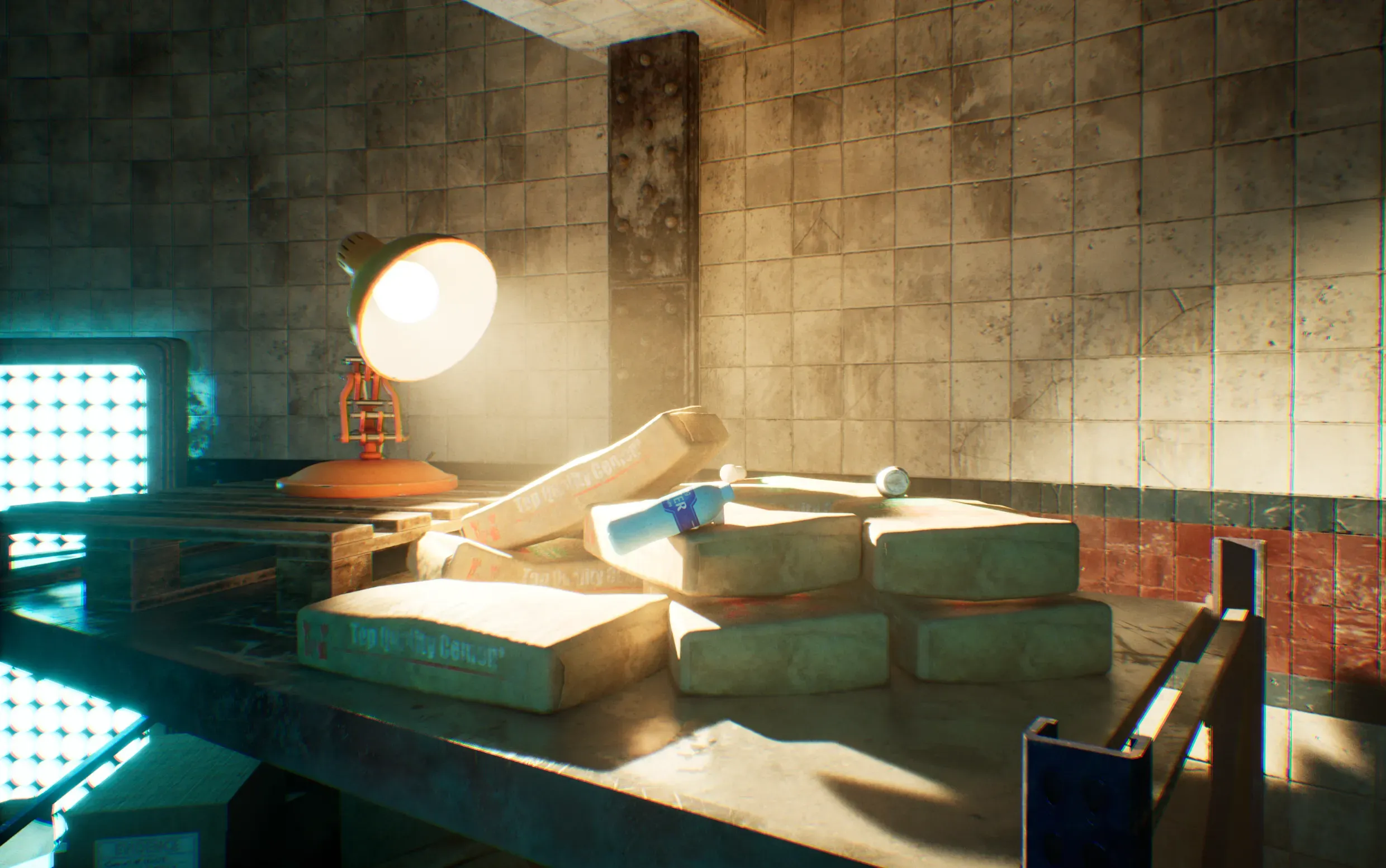 An orange desk lamp lighting cement bags and a water bottle on a shelf against a tiled wall