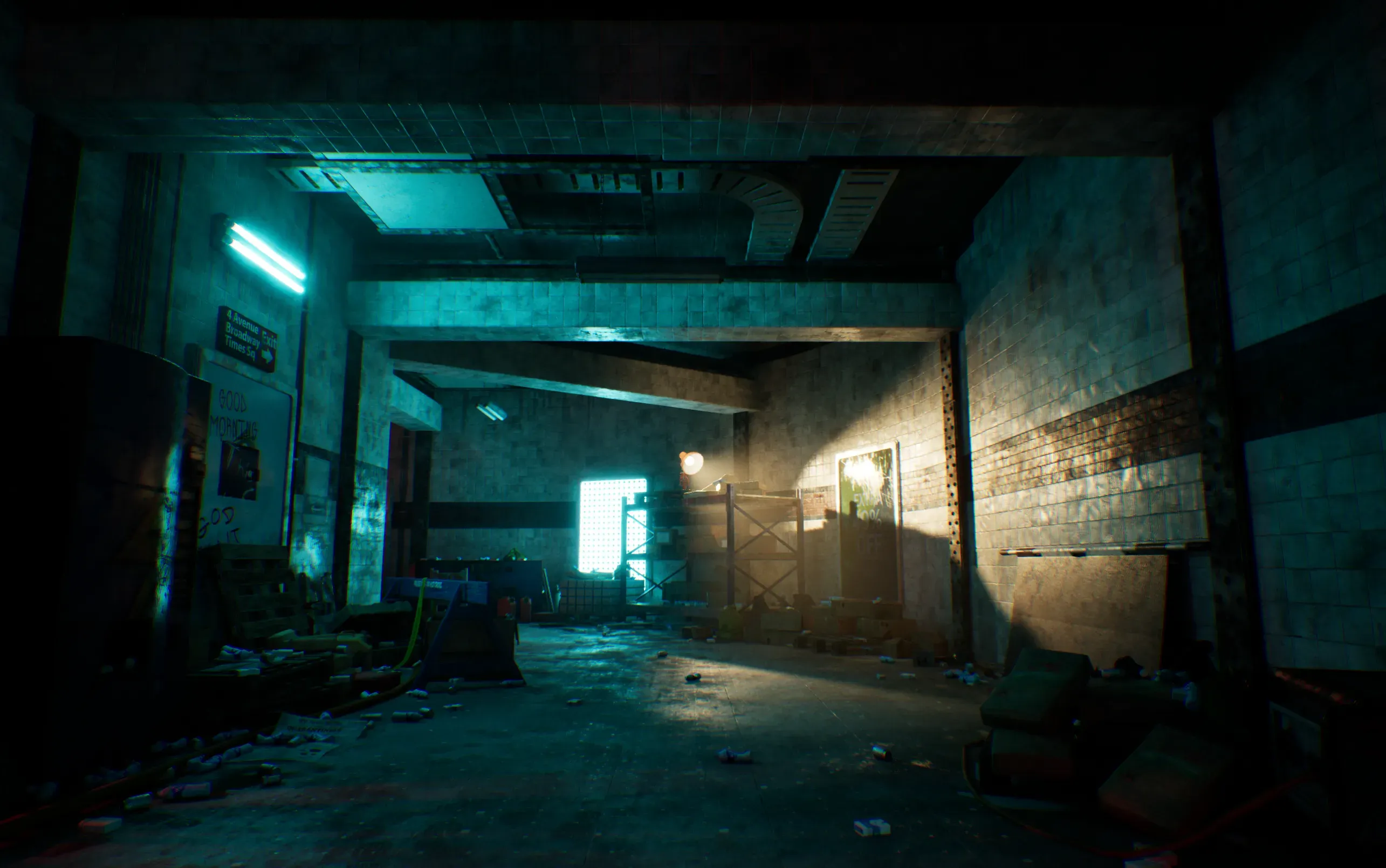 Wide view of a dark teal tiled corridor with warm light falling on the right wall and a bright doorway at the far end