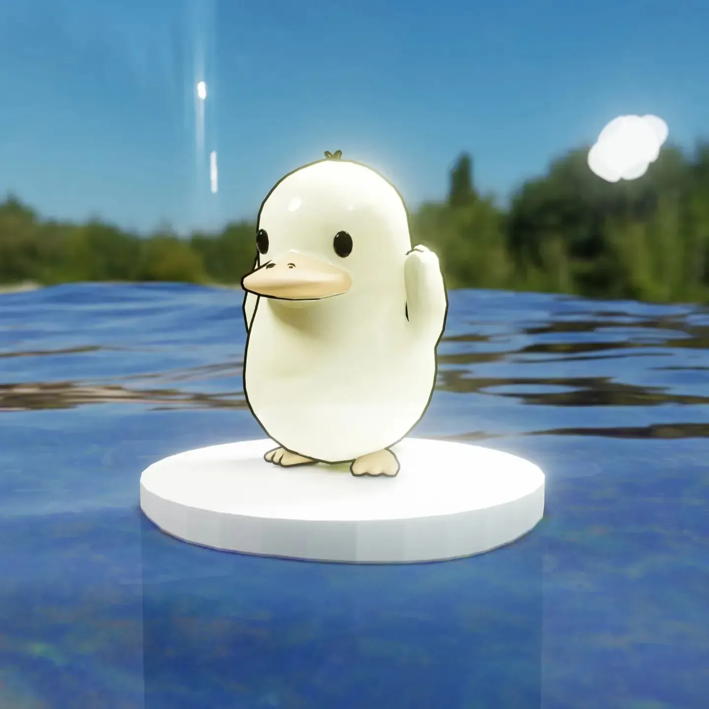Cream duck-like character waving on a round white platform above a lake with trees behind