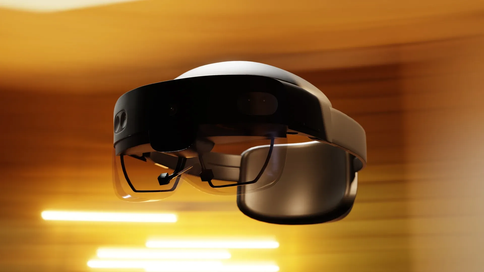 Rendered AR headset with a dark visor and white top band floating against a blurred amber background