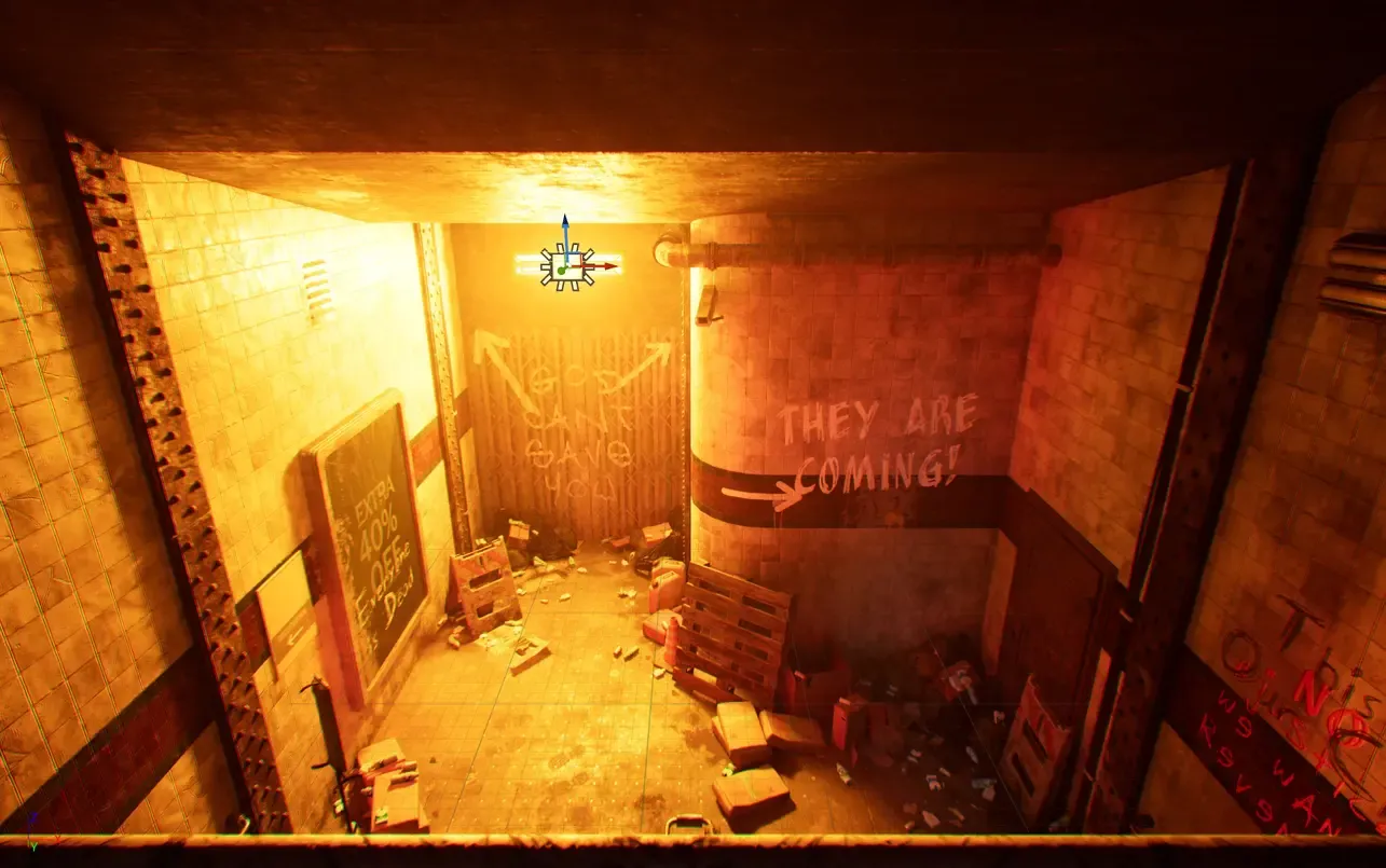 Orange spawn room lit with Lumen, with a single light icon near the ceiling