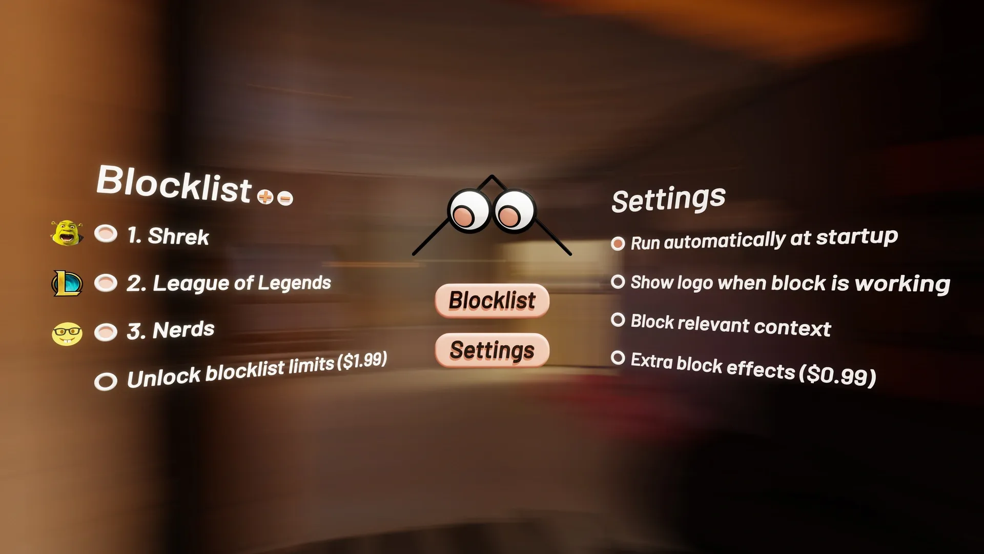 SiLens interface with a Blocklist of Shrek, League of Legends and Nerds, plus a Settings list, around a pair of eyes