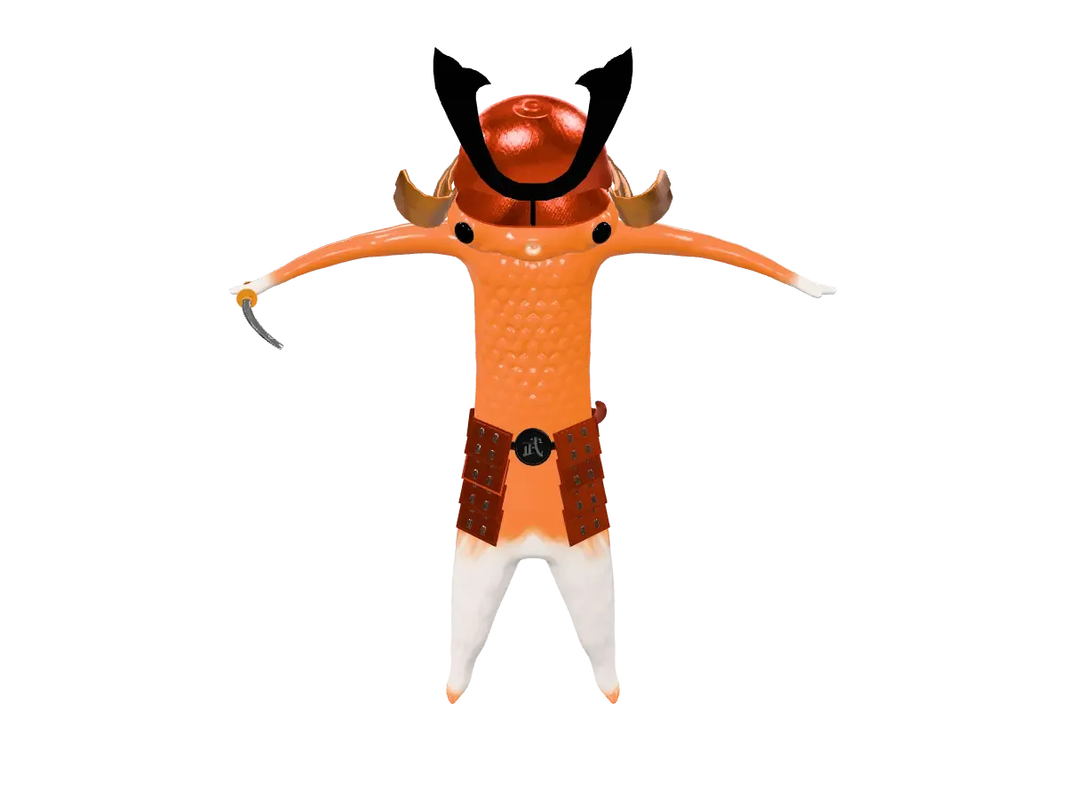 Orange fish samurai in a horned helmet and red armor, holding a sword