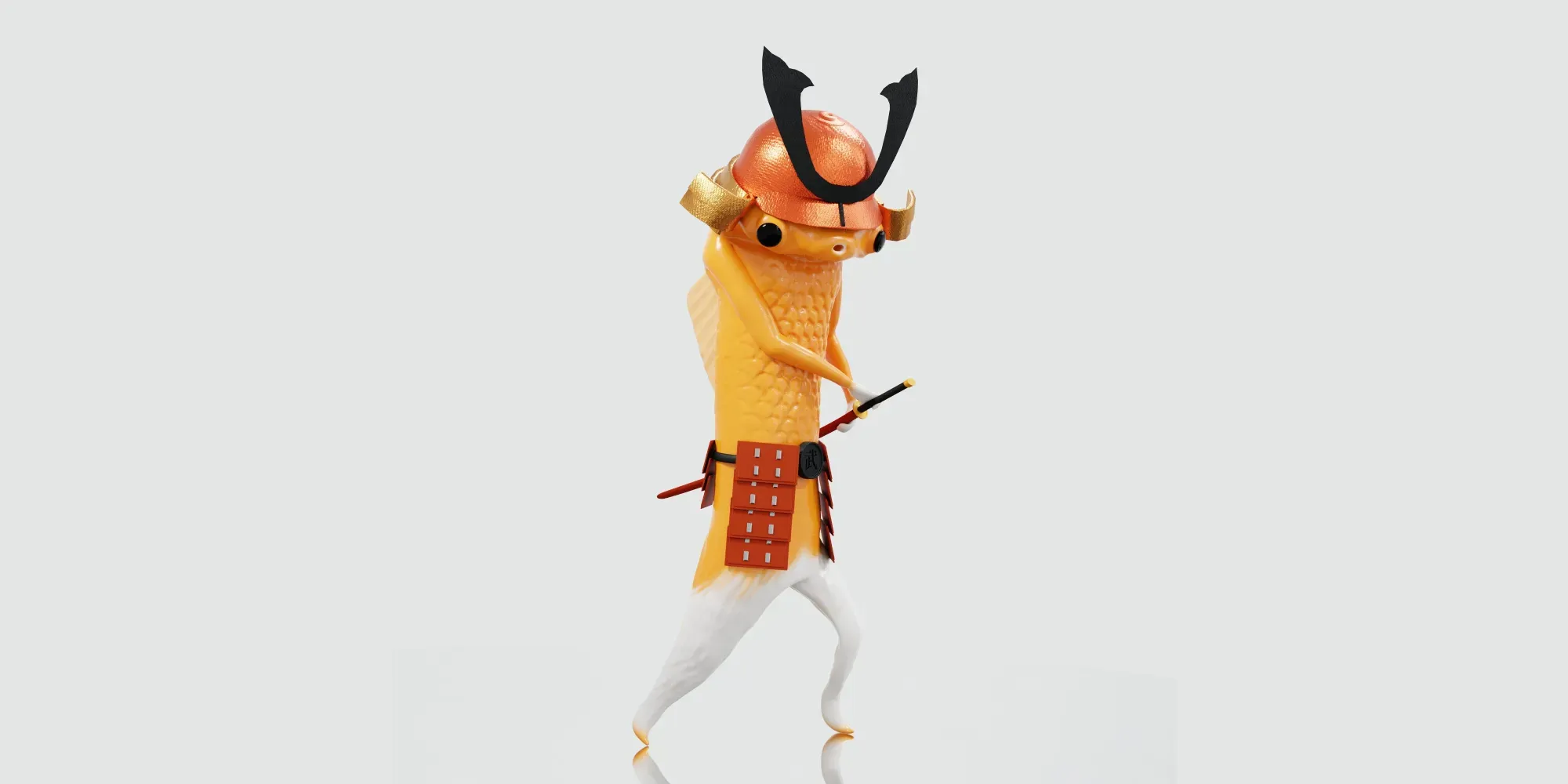 Orange fish samurai in a horned helmet and red armor walking with a sword on a pale gray background.