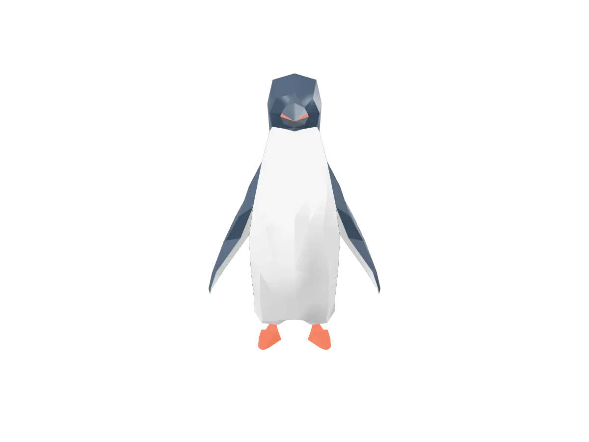 Penguin model with a white belly, grey back and head, and orange feet