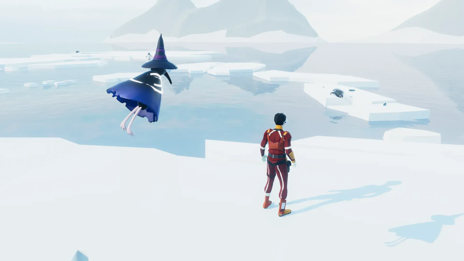 Penguins' Soul, a blue-caped bird in a witch hat, hovering near the researcher on the ice