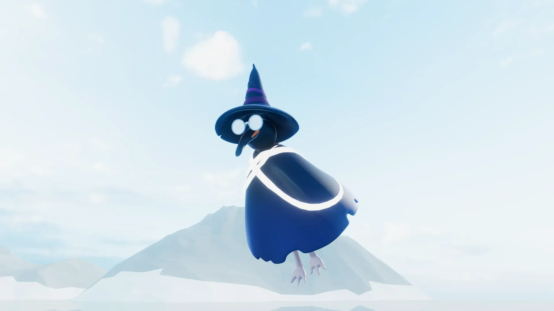 Close-up of Penguins' Soul with its blue cape and pointed hat against a pale sky