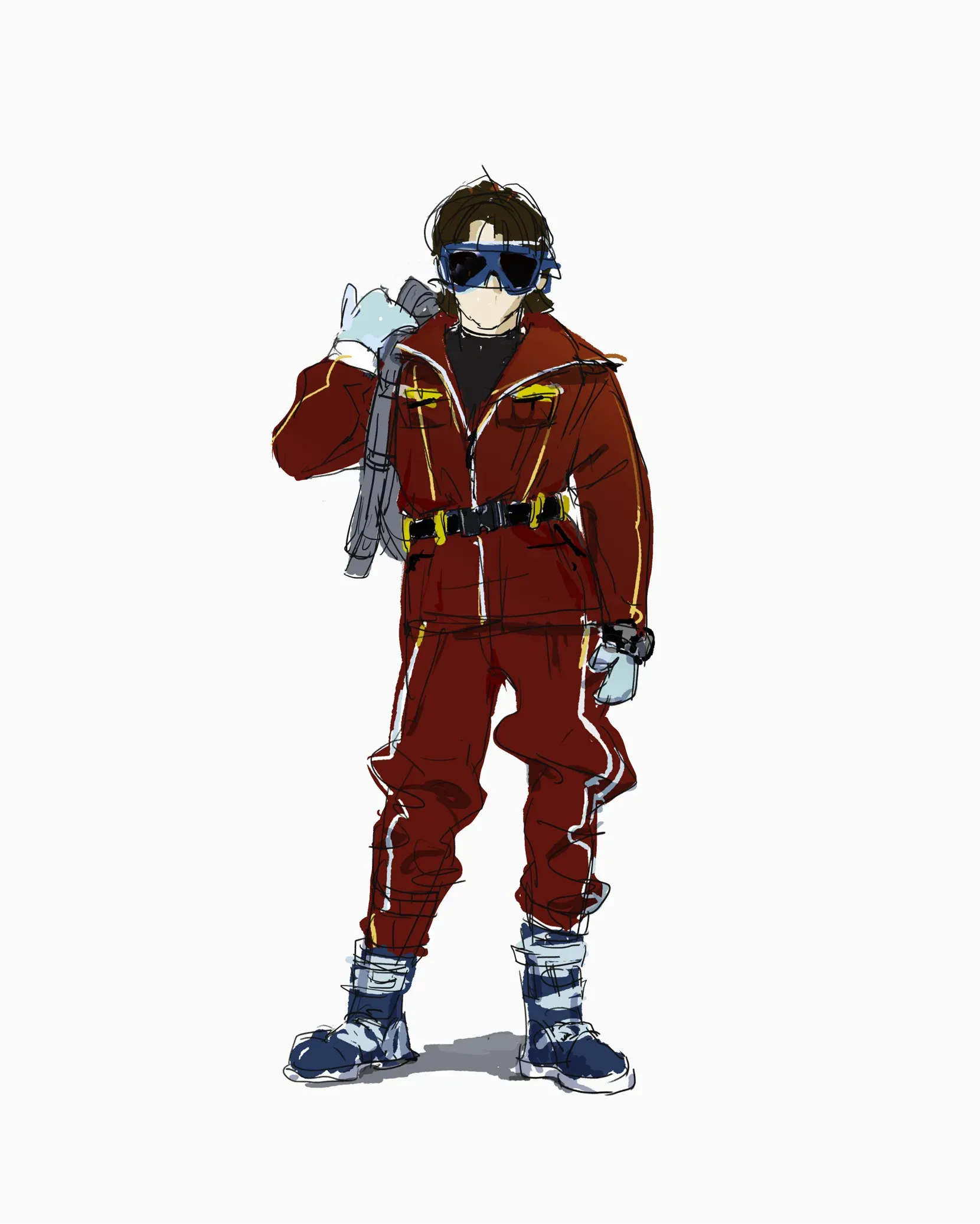 Concept drawing of the researcher in a red jumpsuit with goggles and a scanner