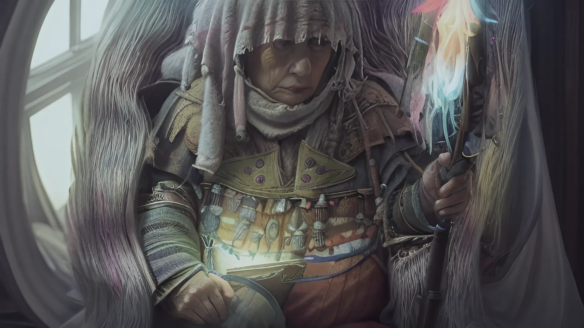 Painted portrait of the protagonist's shaman grandmother in a fur-trimmed hood, holding a staff