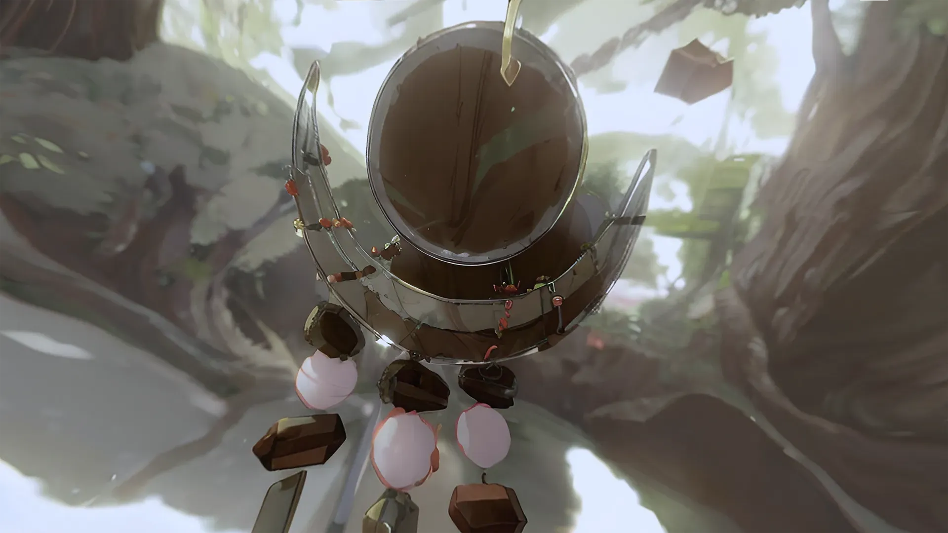 Close view of a crescent relic with hanging stones and pink beads, against a misty forest