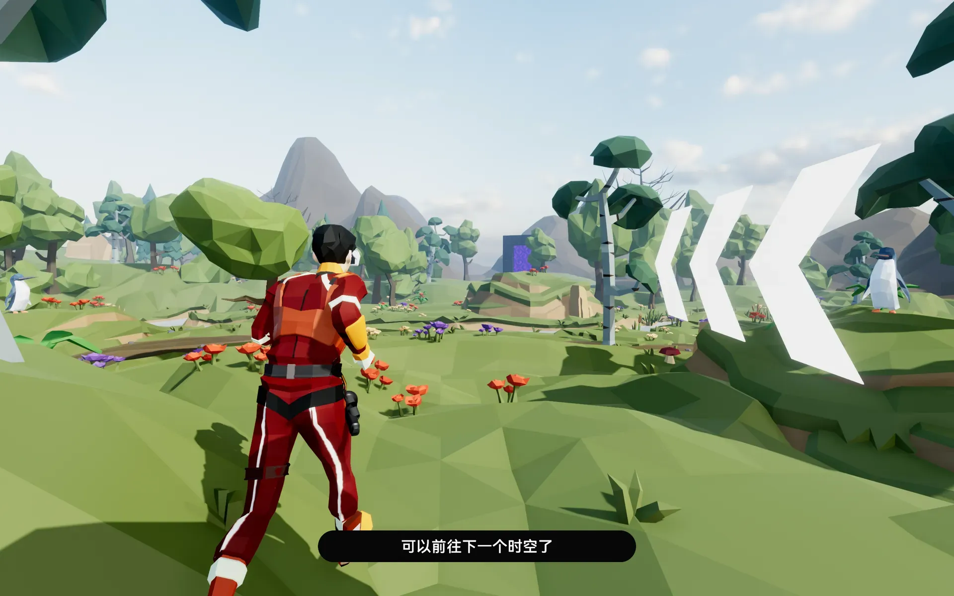 The researcher in a red suit walking across a green low-poly meadow