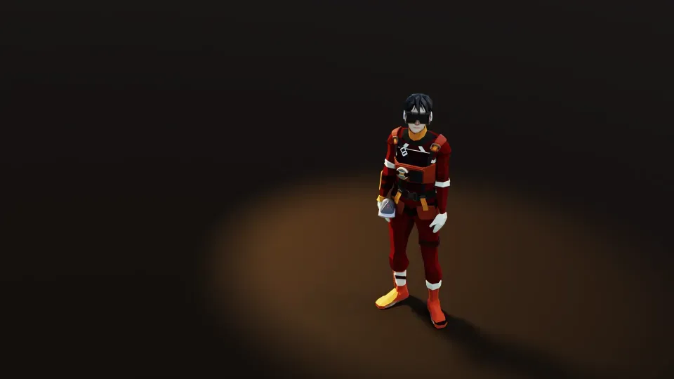 The researcher in his red suit standing in a pool of light against a dark background