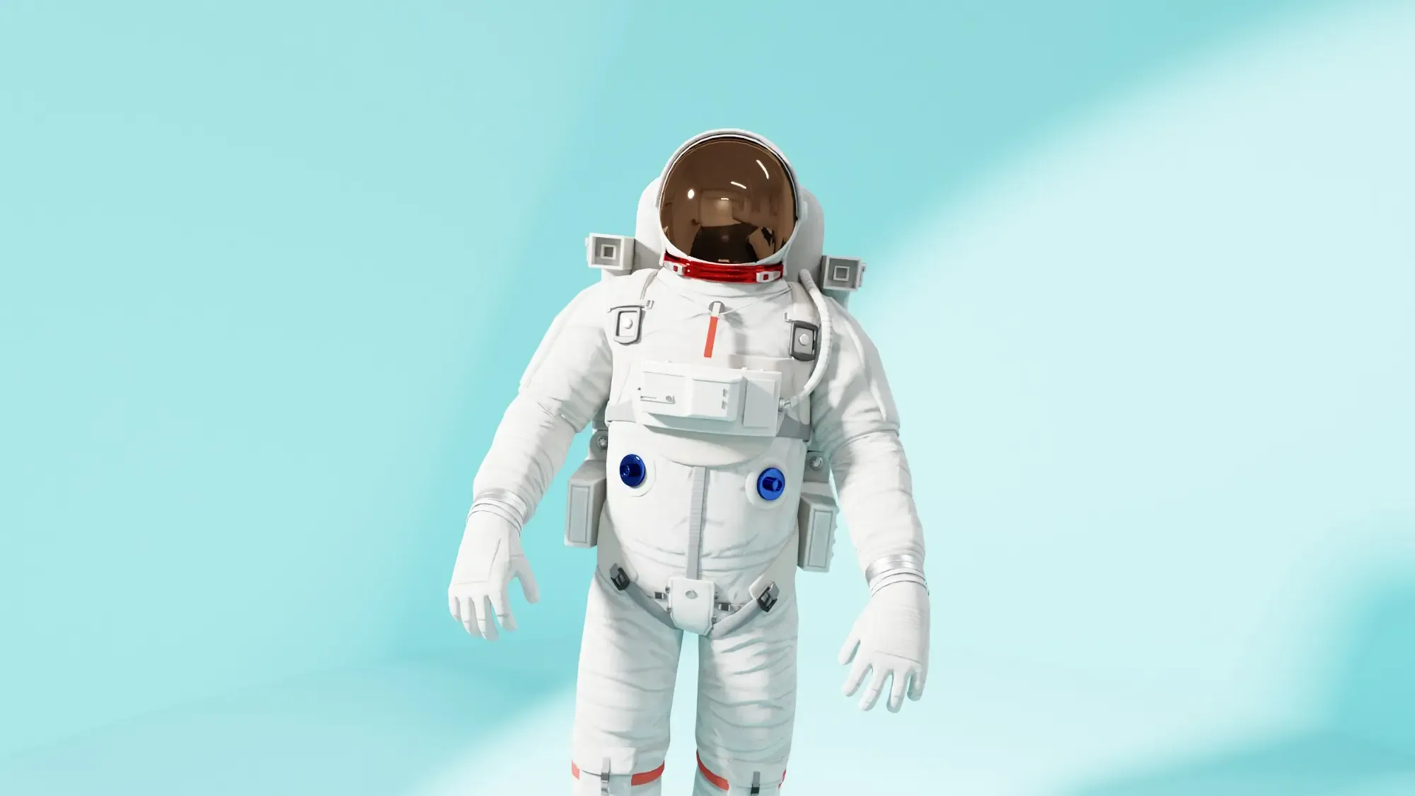 Astronaut in a white spacesuit with a copper visor against a pale teal background.