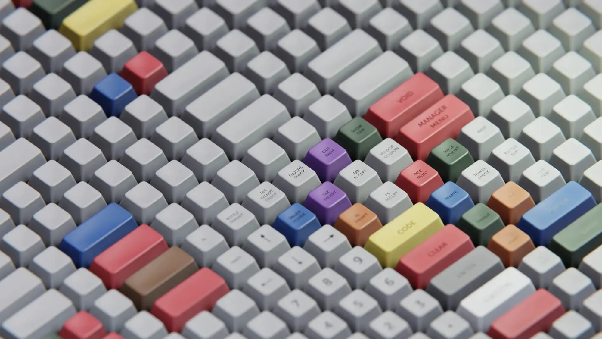 Close-up of a keyboard seen at an angle, with grey keycaps and a few red, blue, yellow, green, purple and orange accent keys.