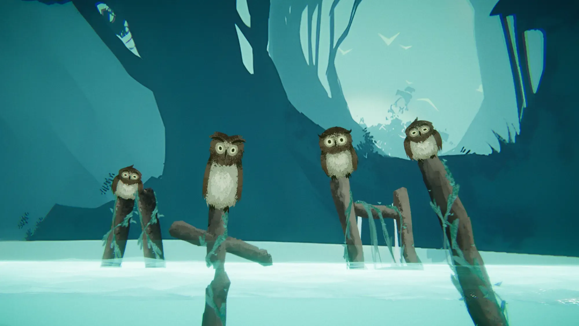 Four owls perched on wooden posts above a glowing teal lake in a dark forest, from the game Untouchable.