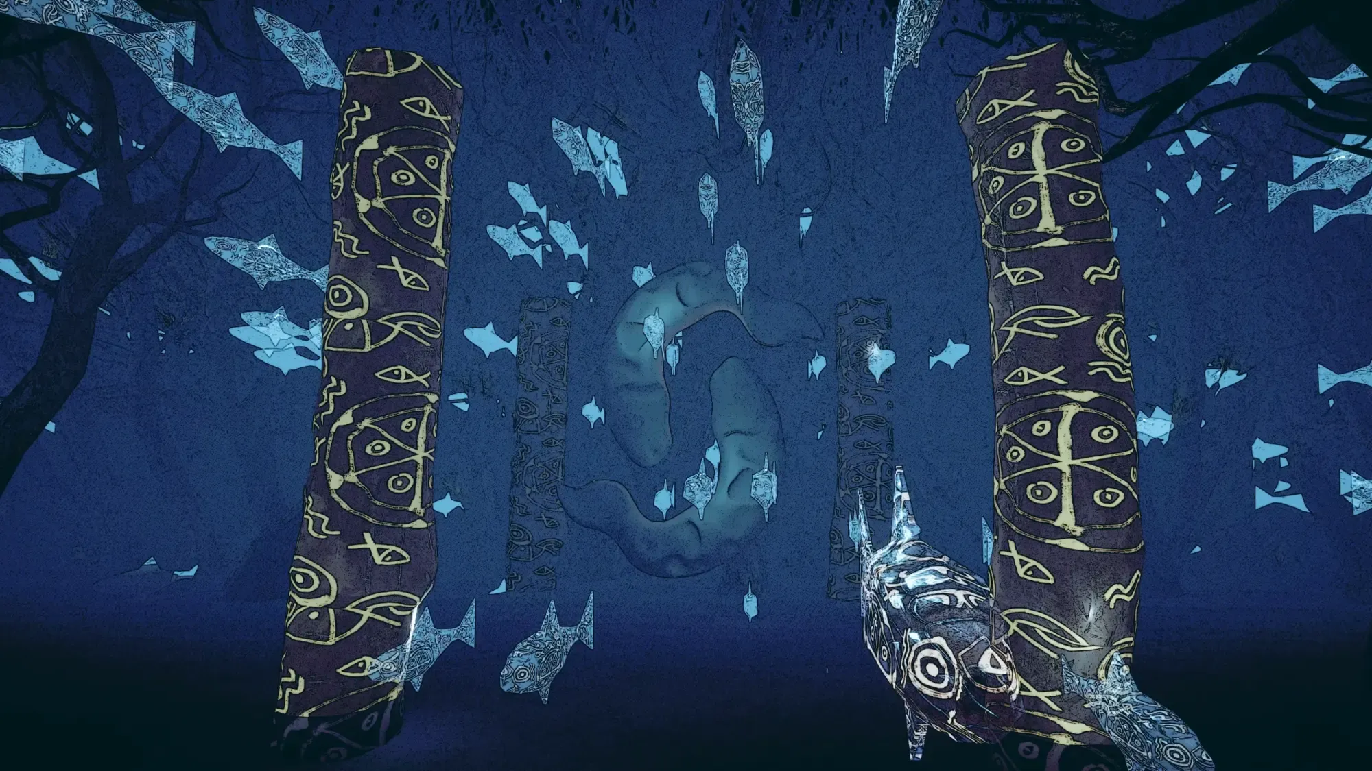 Glowing shamanic pillars and drifting fish phantoms in the dark blue forest of the first level of Yilan's Anthem.